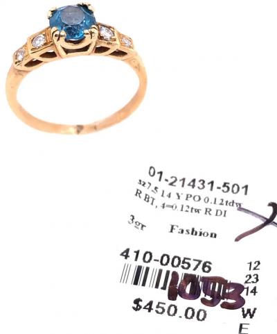 14 Karat Yellow Gold Fashion Round Blue Topaz with Diamond Accents Ring