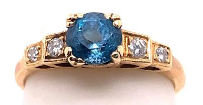 14 Karat Yellow Gold Fashion Round Blue Topaz with Diamond Accents Ring