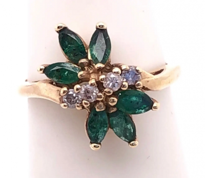 14 Karat Yellow Gold Freeform Emerald with Diamond Accents Ring