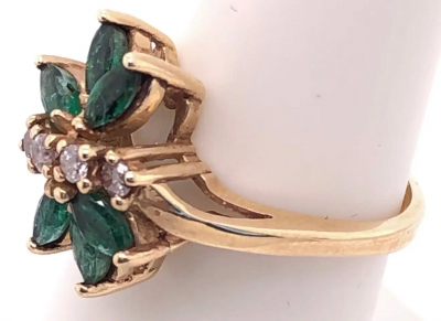 14 Karat Yellow Gold Freeform Emerald with Diamond Accents Ring