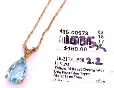 14 Karat Yellow Gold Freeform Necklace with One Pear Blue Topaz Pendant