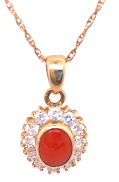14 Karat Yellow Gold Necklace with Oval Coral and Round Zirconium Pendant