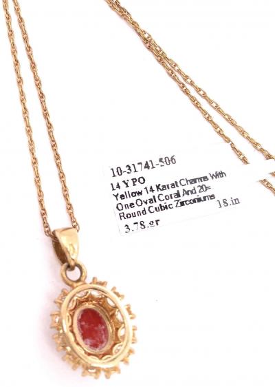 14 Karat Yellow Gold Necklace with Oval Coral and Round Zirconium Pendant