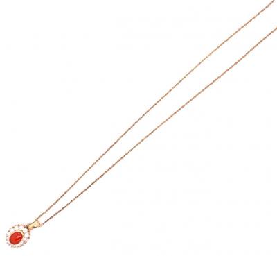 14 Karat Yellow Gold Necklace with Oval Coral and Round Zirconium Pendant
