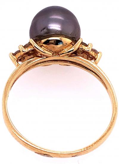 14 Karat Yellow Gold Ring Black Pearl Solitaire with Diamond Accents