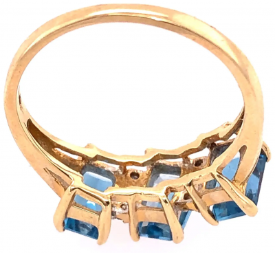 14 Karat Yellow Gold Ring Princess Cut Three Blue Topaz with Diamond Accents