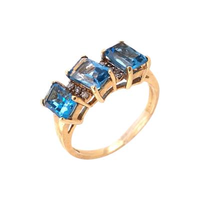 14 Karat Yellow Gold Ring Princess Cut Three Blue Topaz with Diamond Accents