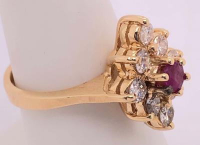 14 Karat Yellow Gold Ruby Center Framed In Diamonds Ring