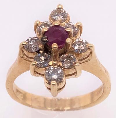 14 Karat Yellow Gold Ruby Center Framed In Diamonds Ring