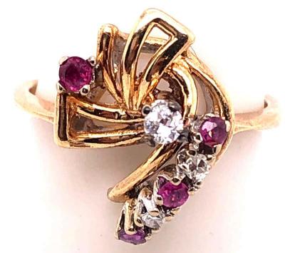 14 Karat Yellow Gold Ruby and Diamond Freeform Contemporary Ring