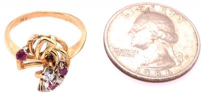 14 Karat Yellow Gold Ruby and Diamond Freeform Contemporary Ring