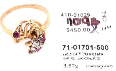 14 Karat Yellow Gold Ruby and Diamond Freeform Contemporary Ring