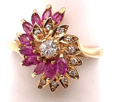 14 Karat Yellow Gold Ruby and Diamond Swirl Ring