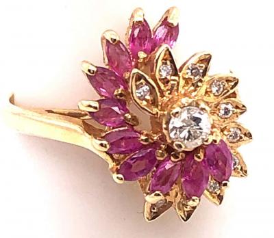 14 Karat Yellow Gold Ruby and Diamond Swirl Ring