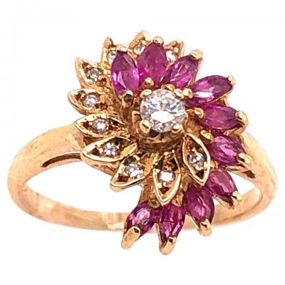 14 Karat Yellow Gold Ruby and Diamond Swirl Ring
