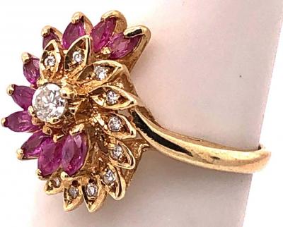 14 Karat Yellow Gold Ruby and Diamond Swirl Ring