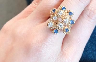 14 Karat Yellow Gold Sapphire and Diamond Cluster Ring