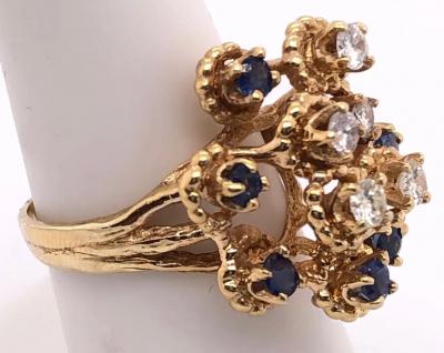 14 Karat Yellow Gold Sapphire and Diamond Cluster Ring