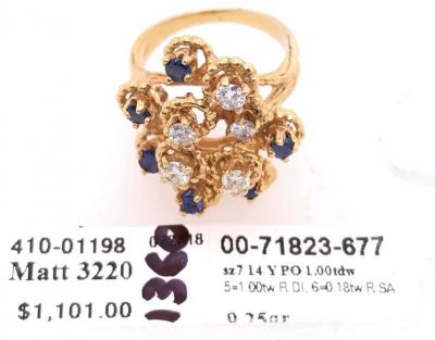 14 Karat Yellow Gold Sapphire and Diamond Cluster Ring