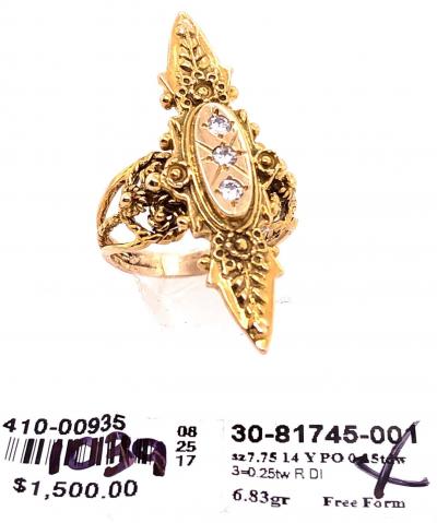14 Karat Yellow Gold and Three Diamond Freeform Ring