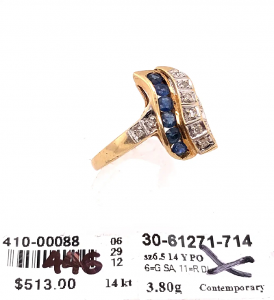 14 Karat Yellow and White Gold Blue Sapphire and Diamond Contemporary Ring