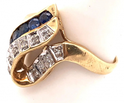 14 Karat Yellow and White Gold Blue Sapphire and Diamond Contemporary Ring