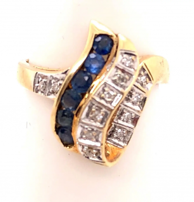 14 Karat Yellow and White Gold Blue Sapphire and Diamond Contemporary Ring