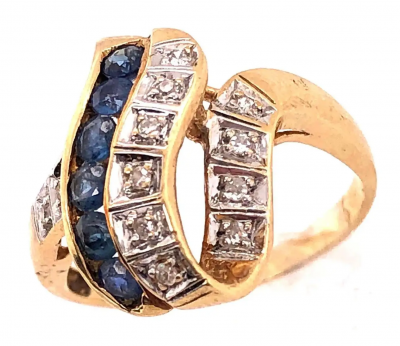 14 Karat Yellow and White Gold Blue Sapphire and Diamond Contemporary Ring