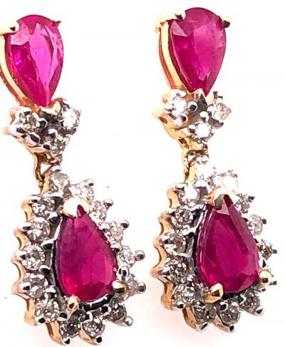14 Karat Yellow and White Gold Ruby with Diamond Accent Drop Dangle Earrings