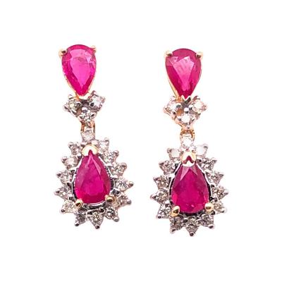 14 Karat Yellow and White Gold Ruby with Diamond Accent Drop Dangle Earrings