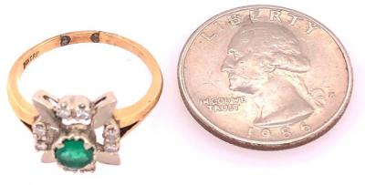 14 Karat Yellow and white Gold Emerald Solitaire with Diamond Accents Ring