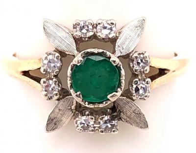 14 Karat Yellow and white Gold Emerald Solitaire with Diamond Accents Ring