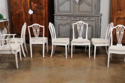 14 Swedish 1910s Painted Dining Chairs with Carved Splats and Tapered Legs