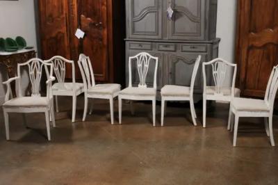 14 Swedish 1910s Painted Dining Chairs with Carved Splats and Tapered Legs