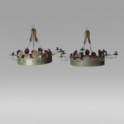 Pair of Tole Chandeliers New England origin turn of the 19th century