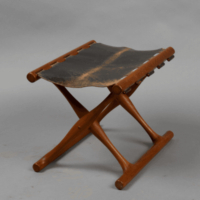 Poul Hundevad Teak and Leather Folding Stool by Poul Hundevad c 1950s