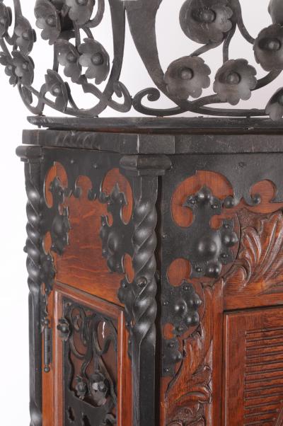 Rare and Important Oak and Wrought Iron Tall Aesthetic Movement Case Clock