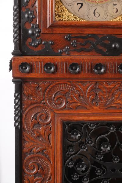 Rare and Important Oak and Wrought Iron Tall Aesthetic Movement Case Clock