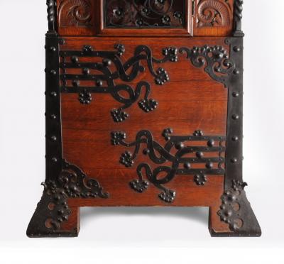Rare and Important Oak and Wrought Iron Tall Aesthetic Movement Case Clock