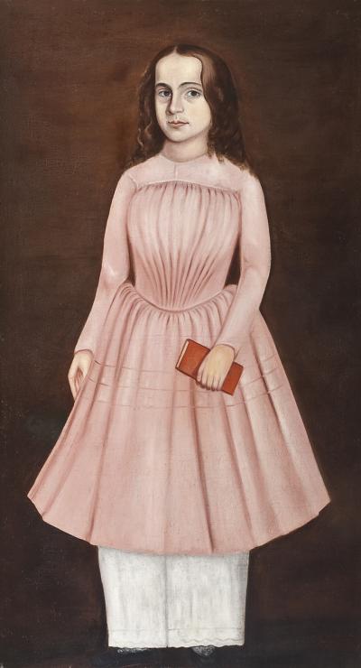 American School Portrait of a Girl in a Pink Dress Holding a Red Book