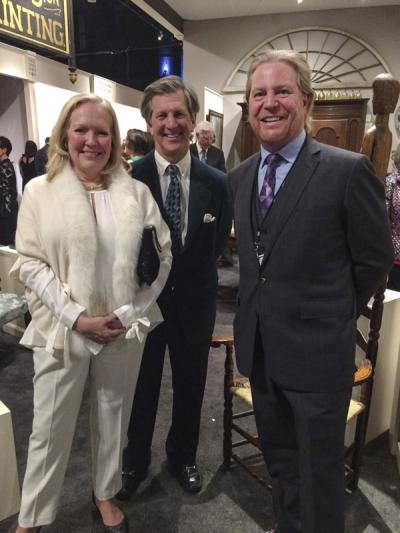 Martha Dippell, Dan Korengold (collectors), and Jeffrey Tillou in his booth.