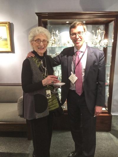 Lita Solis-Cohen, senior editor at Maine Antique Digest, with Jim McConnaughy, senior vice president at S. J. Shrubsole. 