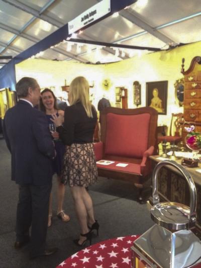 Collector Bill duPont and friend speak with Jennifer Kindig (right) of Joe Kindig Antiques.