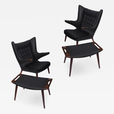 Hans Wegner Early Hans Wegner Papa Bear Chairs Ottomans in Slate Leather Pr 