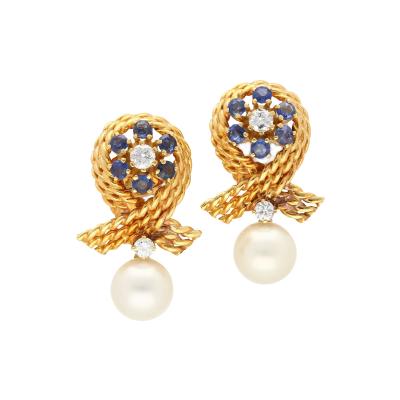 14K Gold Textured Ribbon Motif Natural Pearl Diamond and Sapphire Stud Earrings