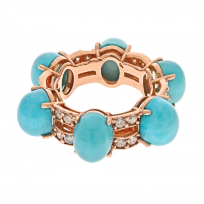 14K ROSE GOLD 6 CABOCHON TURQUOISE DIAMOND RING