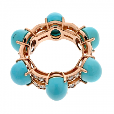 14K ROSE GOLD 6 CABOCHON TURQUOISE DIAMOND RING