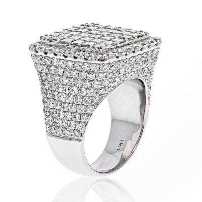14K WHITE GOLD 11 CARAT ROUND AND SQUARE CUT CLUSTER DIAMOND MENS RING