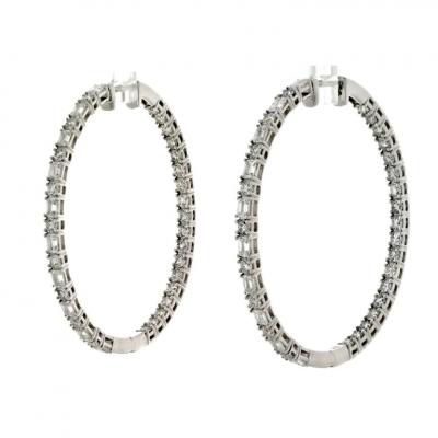 14K WHITE GOLD 7 50CTTW EMERALD AND ROUND CUT DIAMOND HOOP EARRINGS