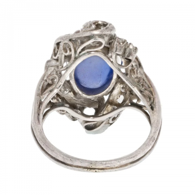 14K WHITE GOLD DIAMOND AND BLUE STAR SAPPHIRE DECO RING